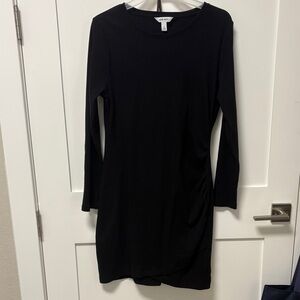 Nine West Solid Black Long-Sleeve Crewneck Dress